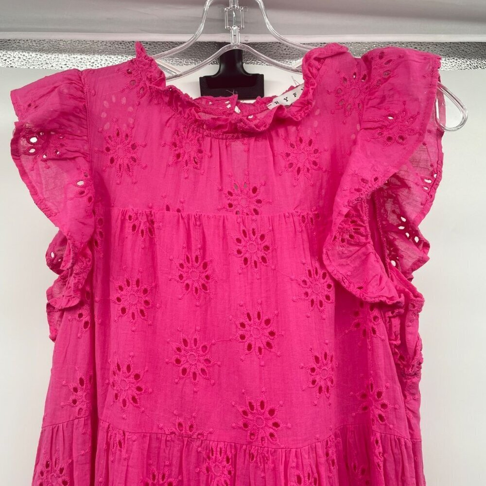 HYFVE Womens Eyelet Shift Dress Short Ruffle Sleeve Pink Size Medium - Picture 2 of 9